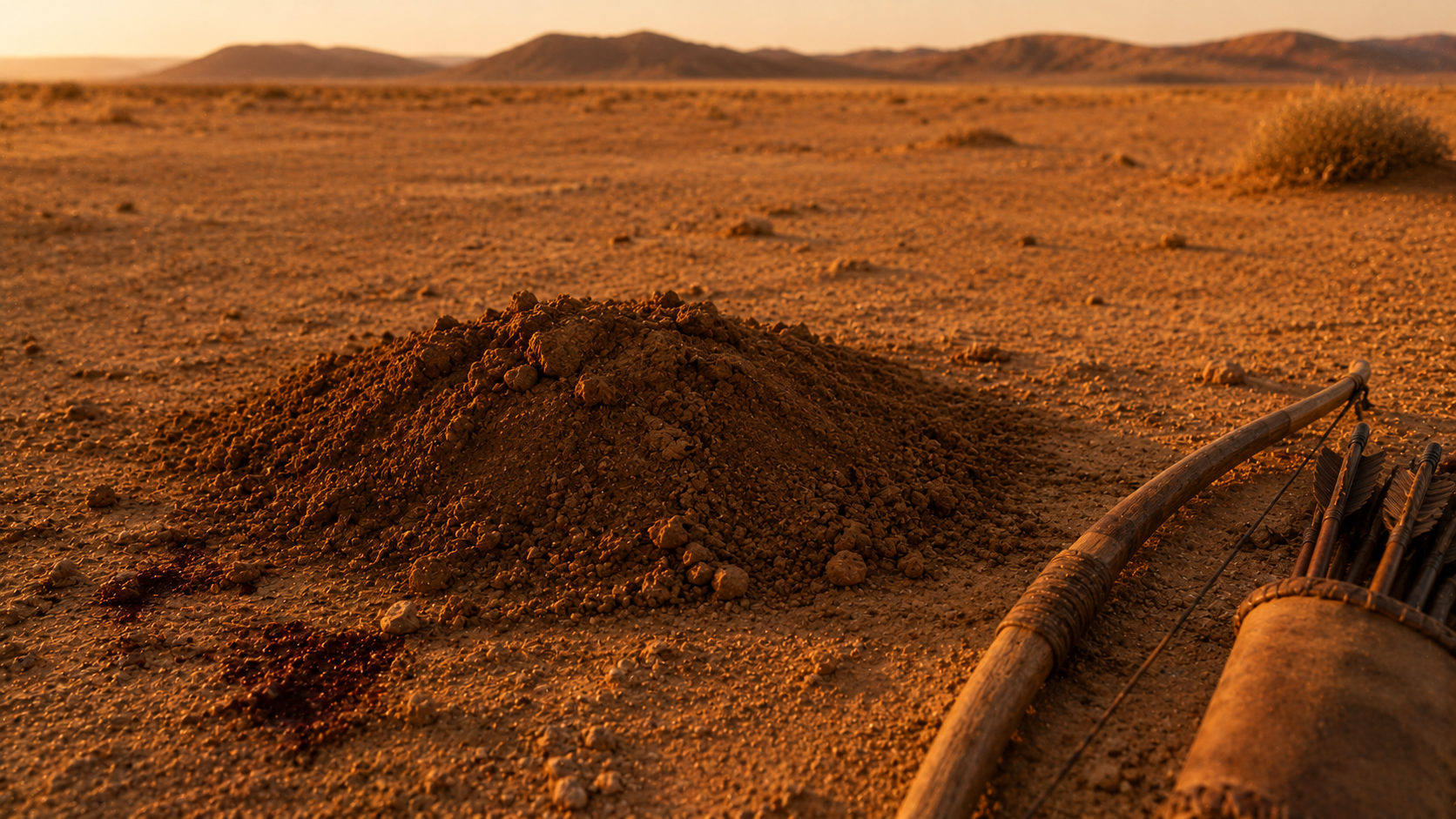 A patch of disturbed earth with a hunter's bow at golden hour, evoking the requirement to drain and cover the blood of hunted game at Leviticus 17:13