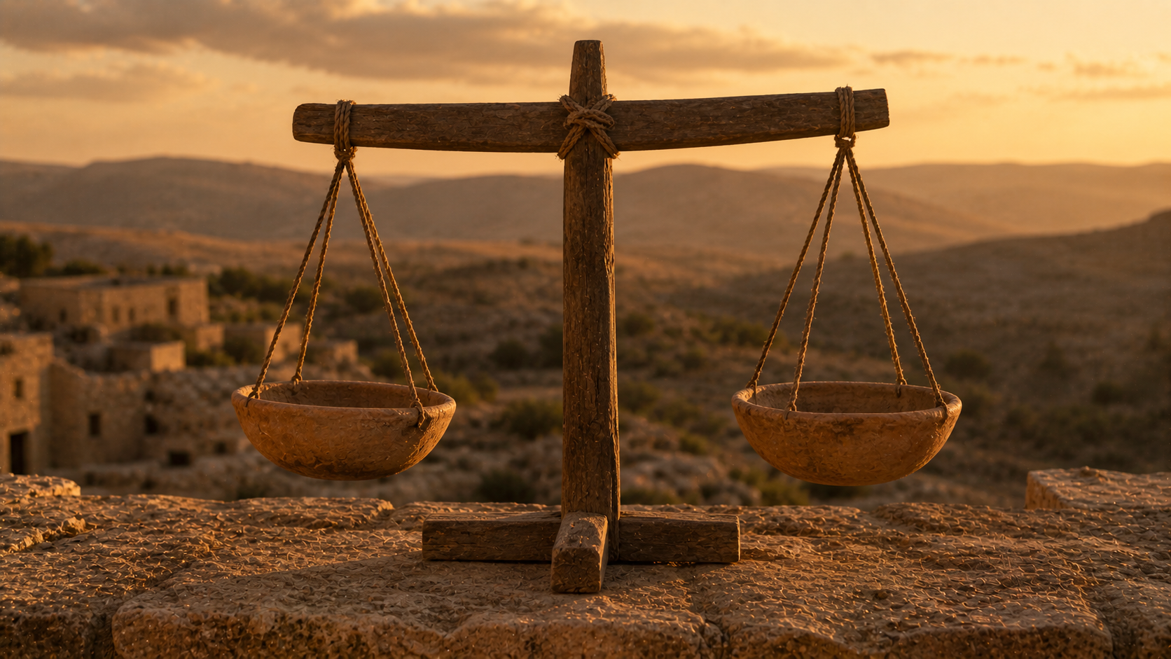 A balance scale with grain measures, evoking the just-weights command of Leviticus 19:35-36