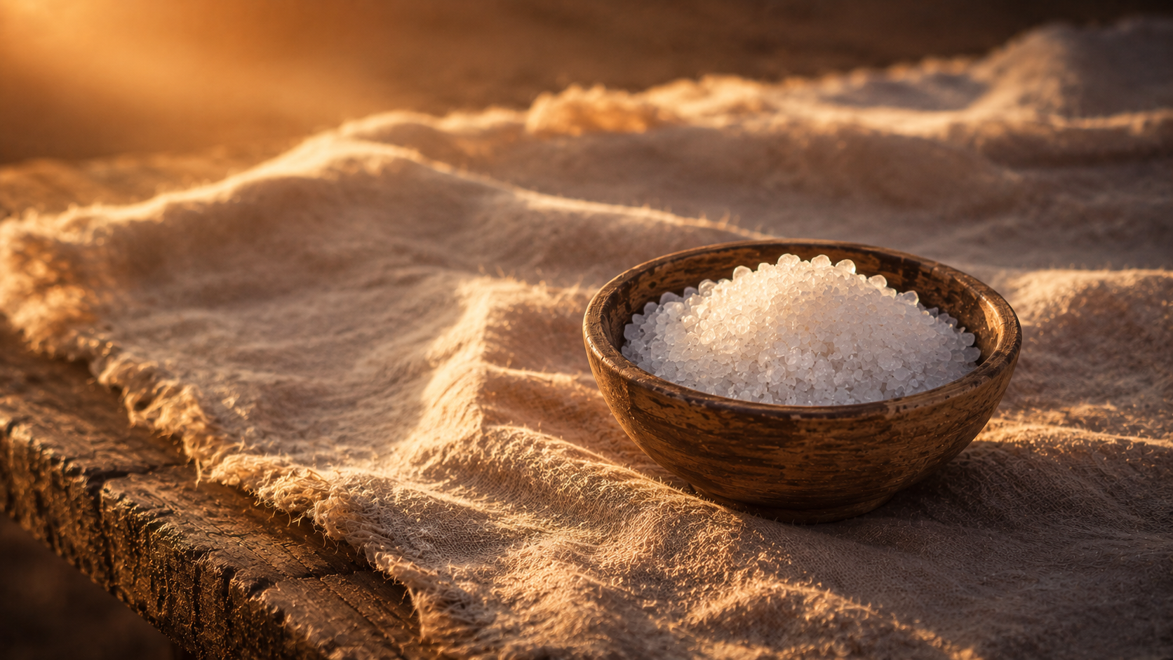 A bowl of coarse salt on a weathered linen cloth, evoking the salt of the covenant at Leviticus 2:13