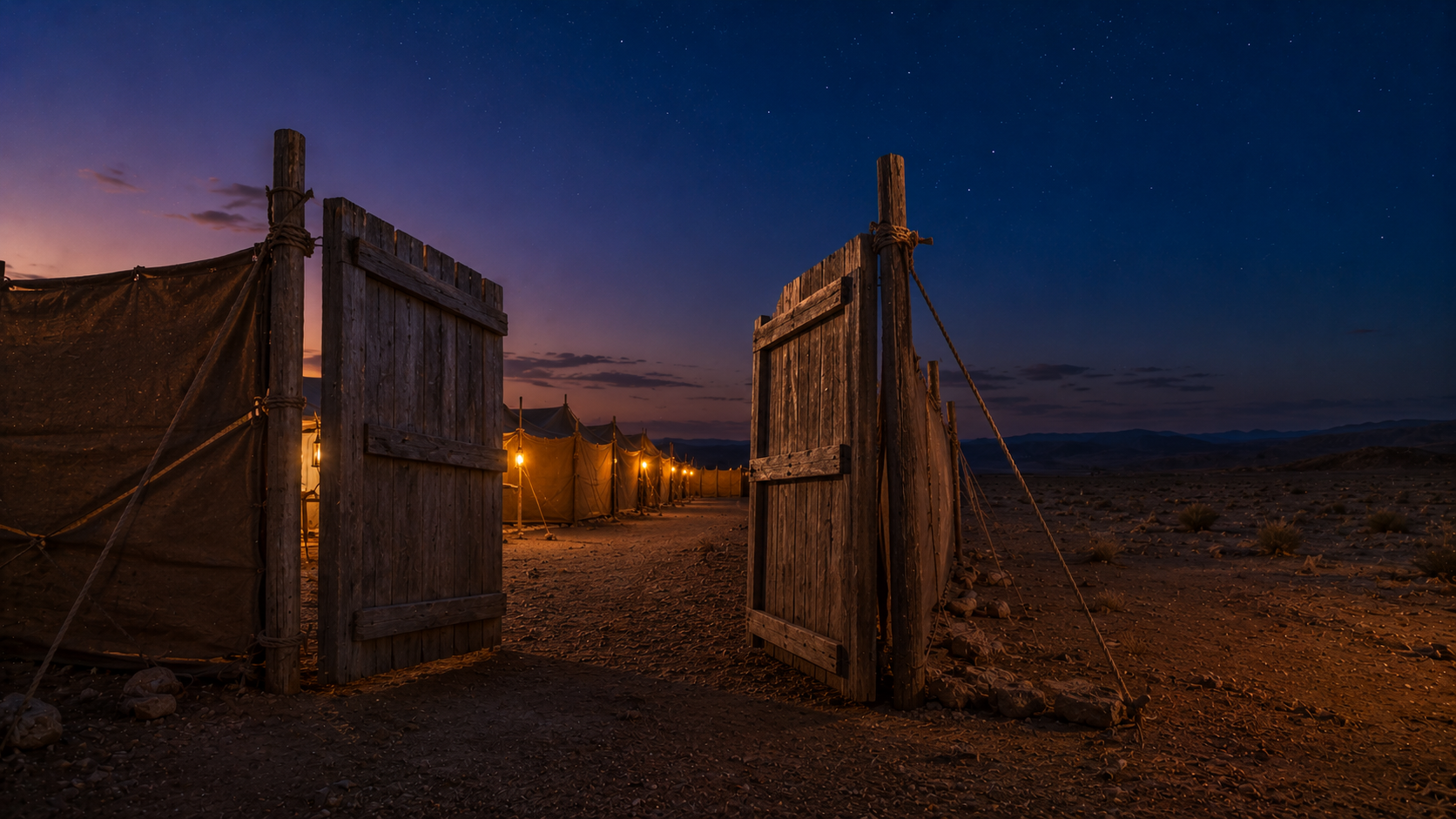 A wooden gate at the edge of the camp at twilight, evoking the karet and separation themes of Leviticus 20