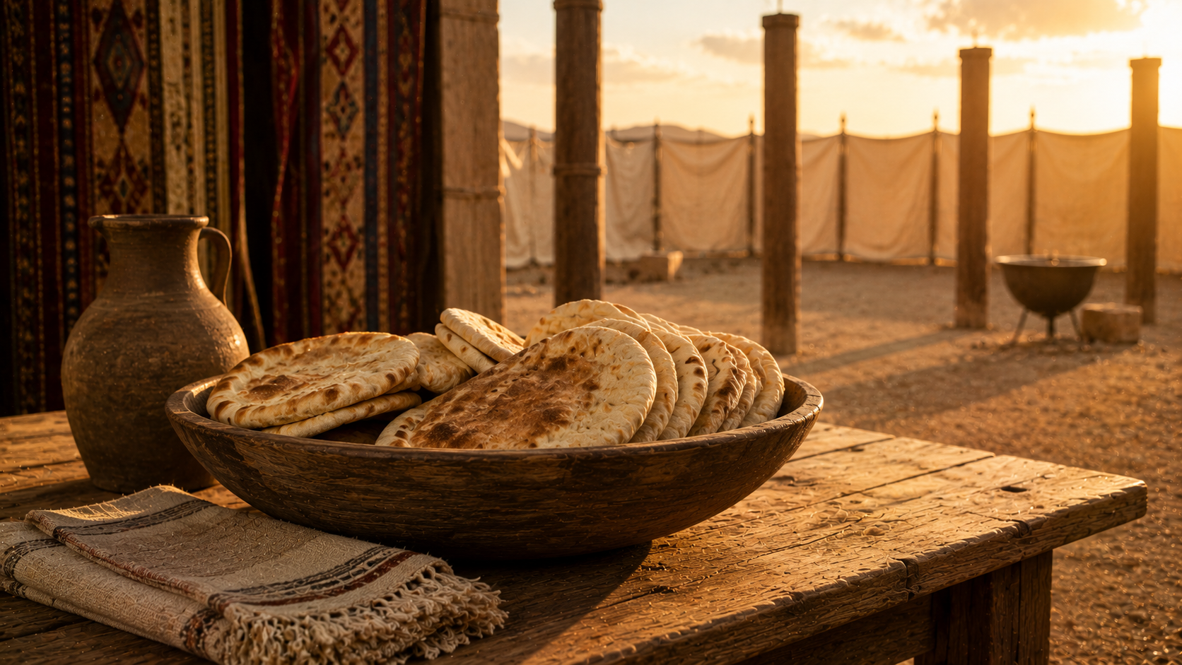 A bowl of bread on a table in the priestly precinct, evoking Leviticus 21:22's verse on the disabled priest eating the holy food