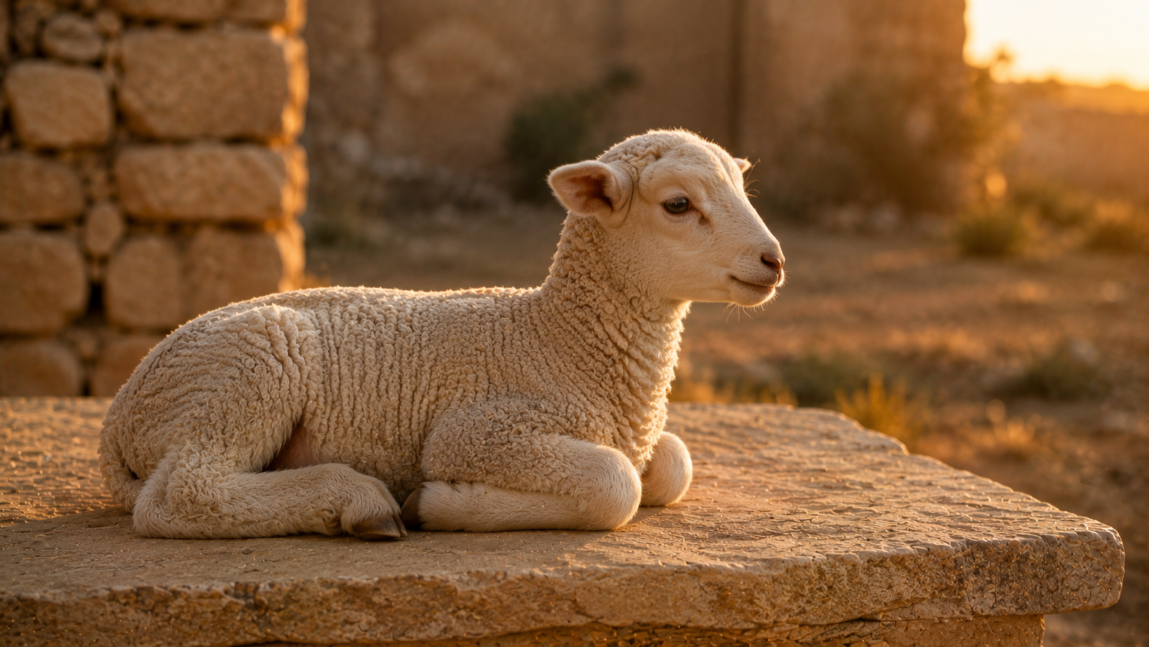 An unblemished lamb resting on a stone ledge, evoking the *tamim* requirement of Leviticus 22