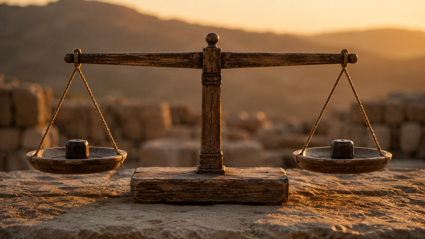 A wooden balance scale at perfect equilibrium with two identical stones, evoking the proportional limit of the *lex talionis* at Leviticus 24:20