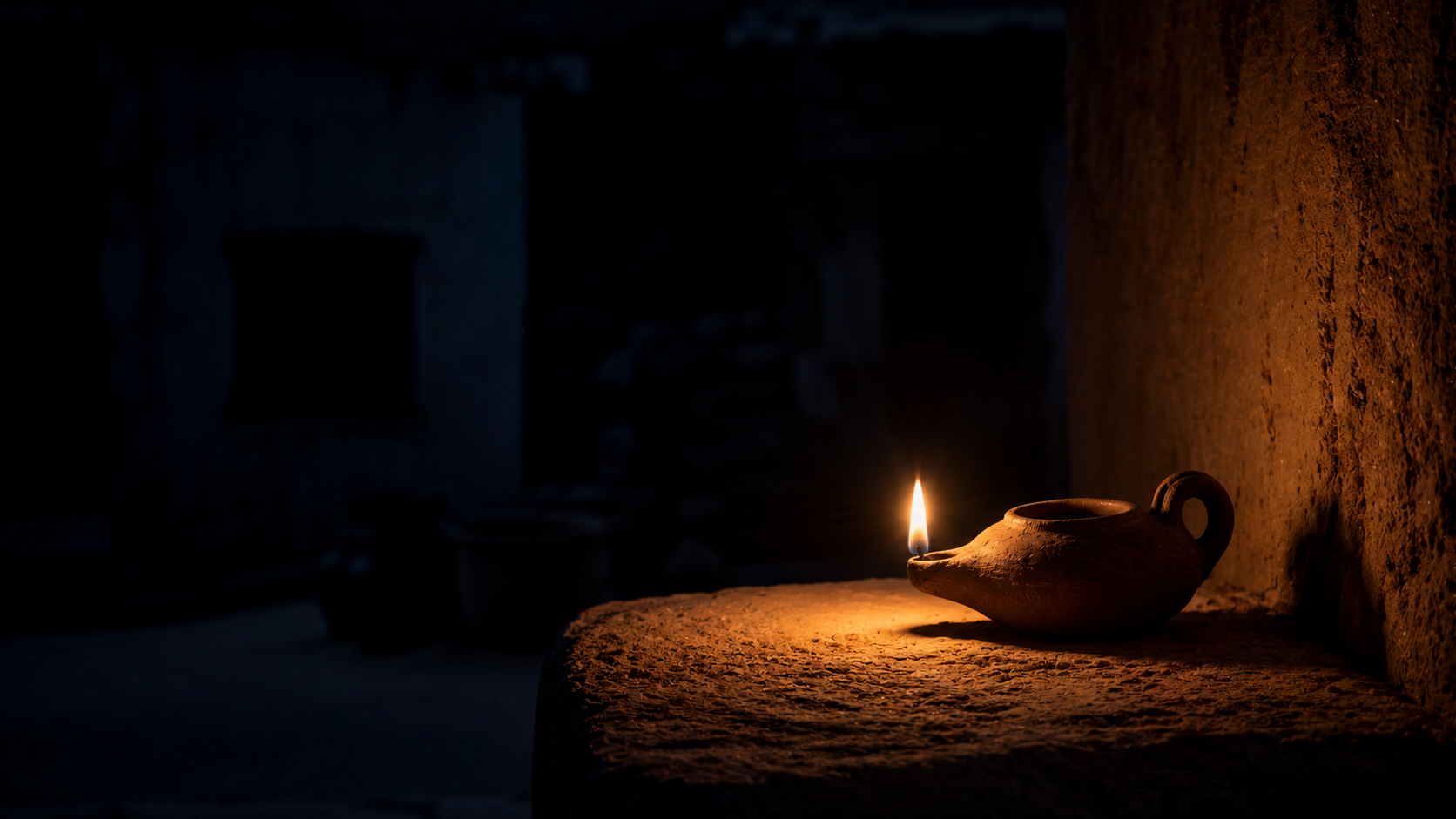 A single oil lamp burning low in deep night, evoking the chapter's mercy promise that holds through exile