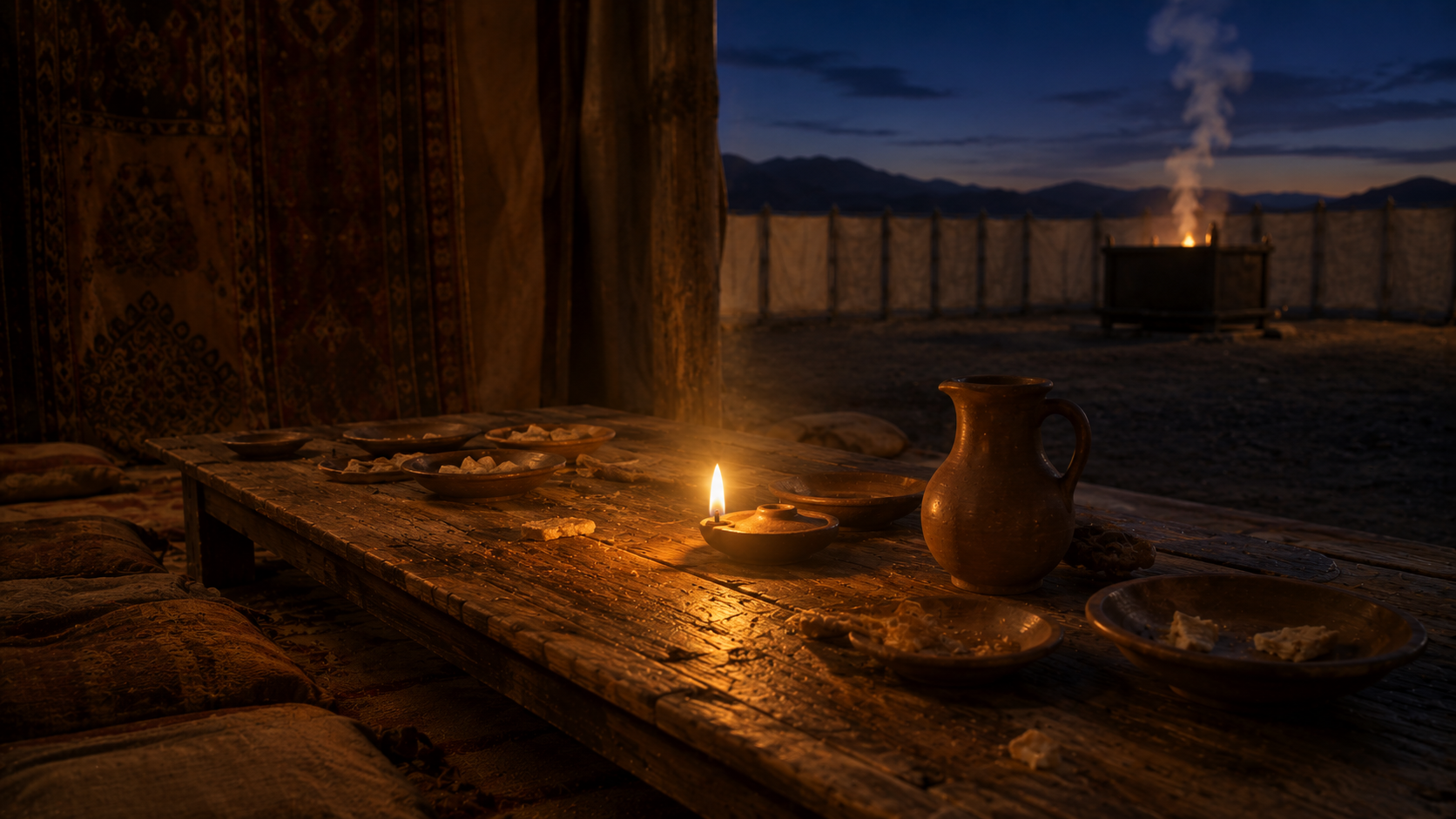 A communal meal table continuing into evening with lamp and wine, evoking the *shelamim* peace offering's same-day eating