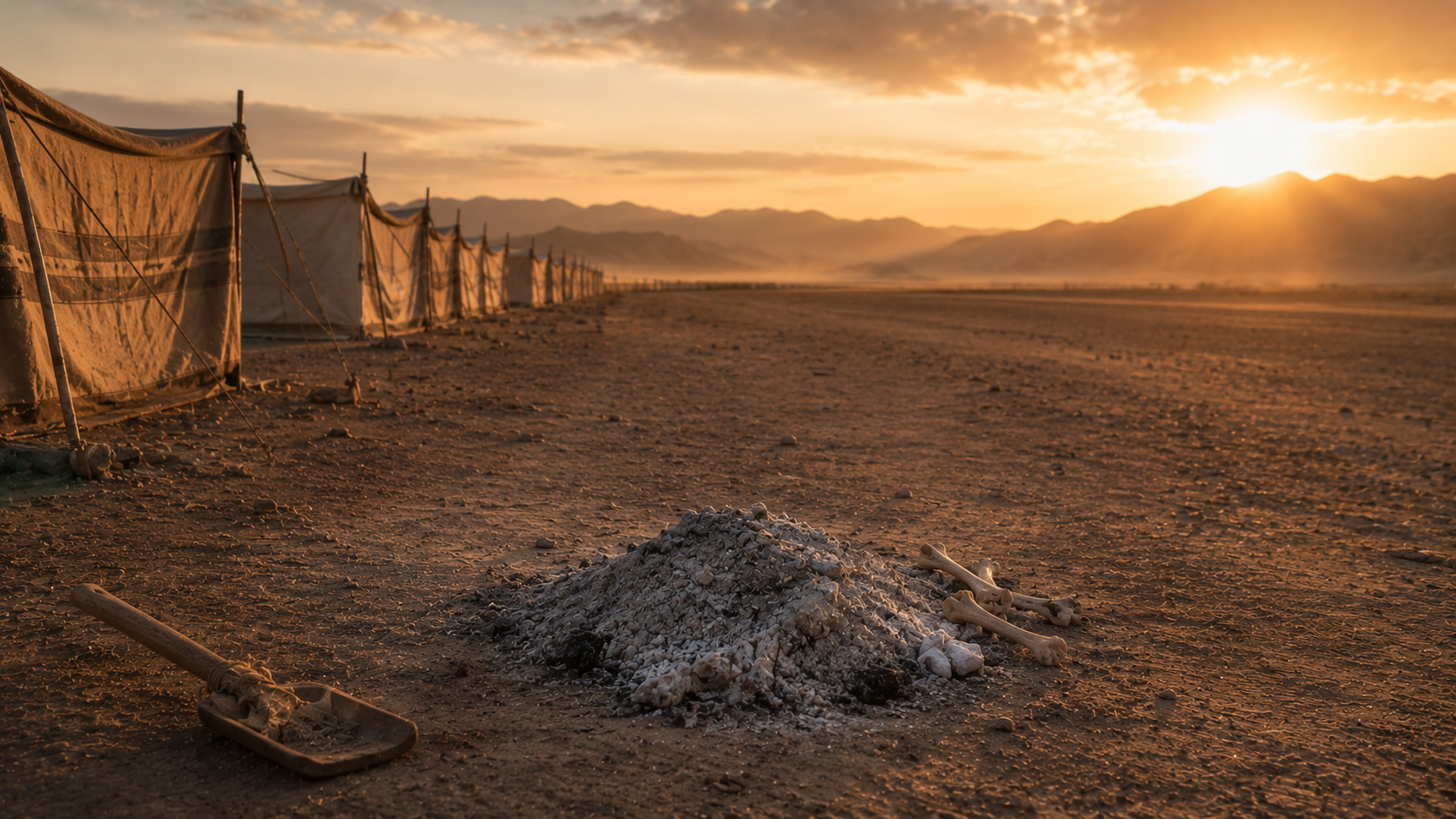 A pile of fresh ash and unburned bones on bare ground beyond the camp's edge at dawn, evoking the priest's *chatta't* bull burned outside the camp at Leviticus 4:11-12
