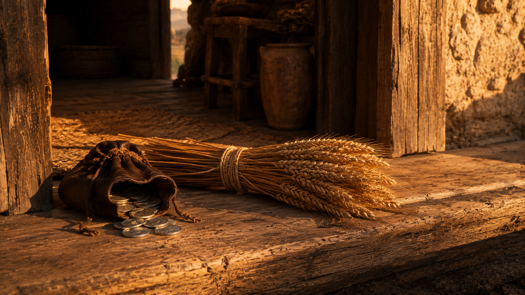 A silver pouch and a sheaf of grain on a wooden threshold, evoking the *asham* restitution requirement of Leviticus 5