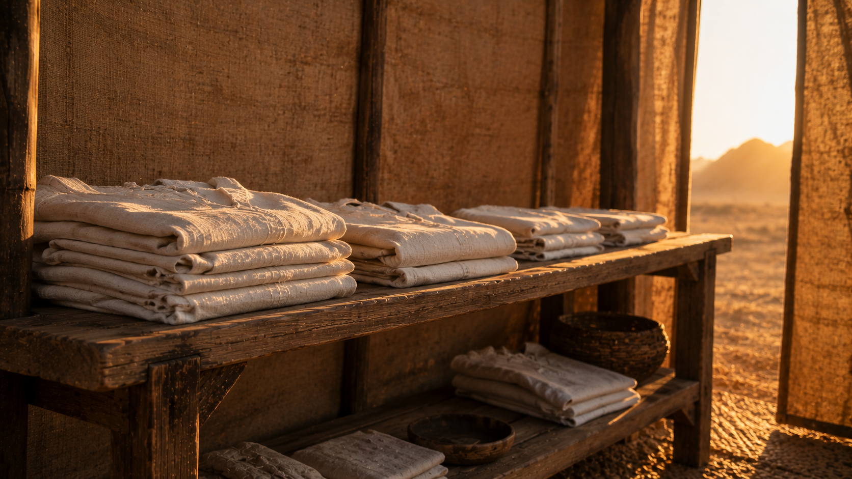 Folded linen priestly garments on a wooden rack, evoking the priest's change of clothing between sacred and ordinary work