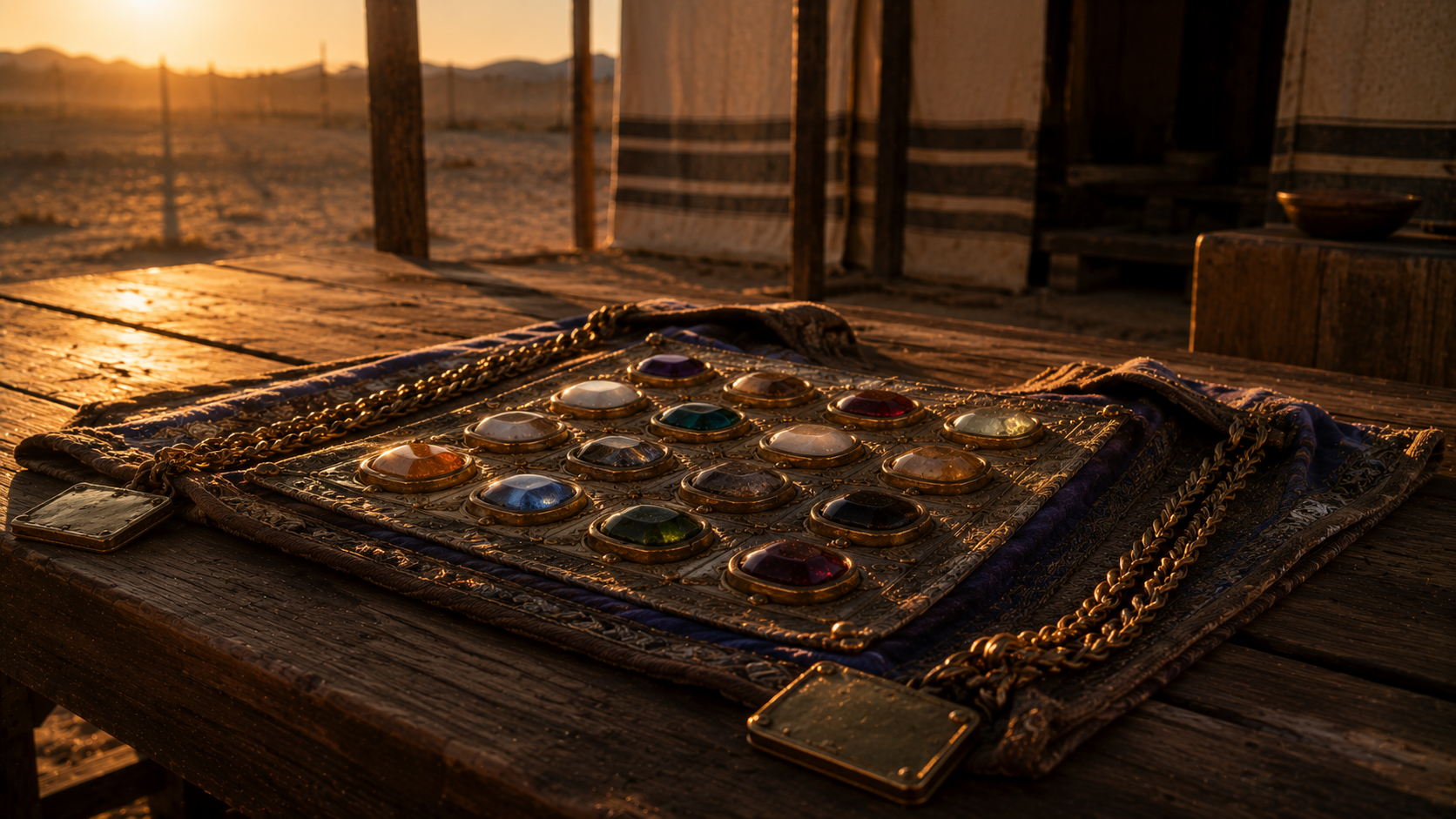 The high priest's breastplate with twelve gemstones, evoking the robing of Aaron at Leviticus 8:8