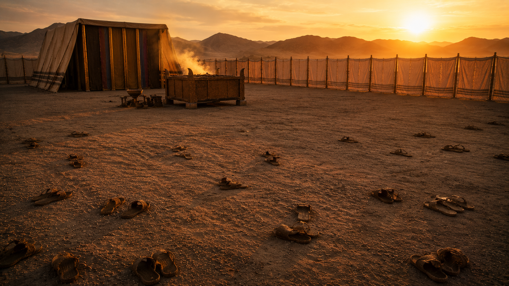 A tabernacle courtyard with abandoned sandals and a still-smoking altar at golden hour, evoking the congregation's prostrate response at Leviticus 9:24