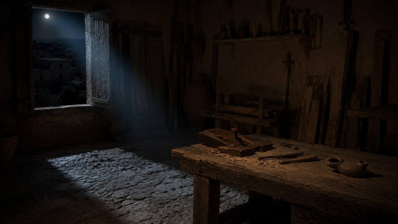 A small first-century carpenter's workshop at night with a low wooden bench, hand-tools, and a shaft of moonlight across the floor, evoking Joseph's angelic dream in Matthew 1