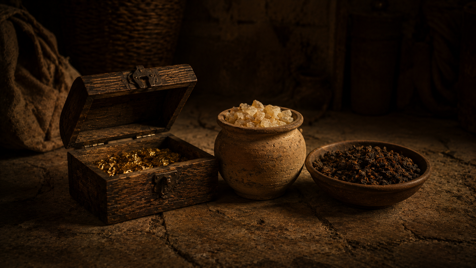 A still life of an open chest of gold, a clay vessel of frankincense, and a bowl of myrrh on a low stone floor, evoking the magi's three gifts in Matthew 2