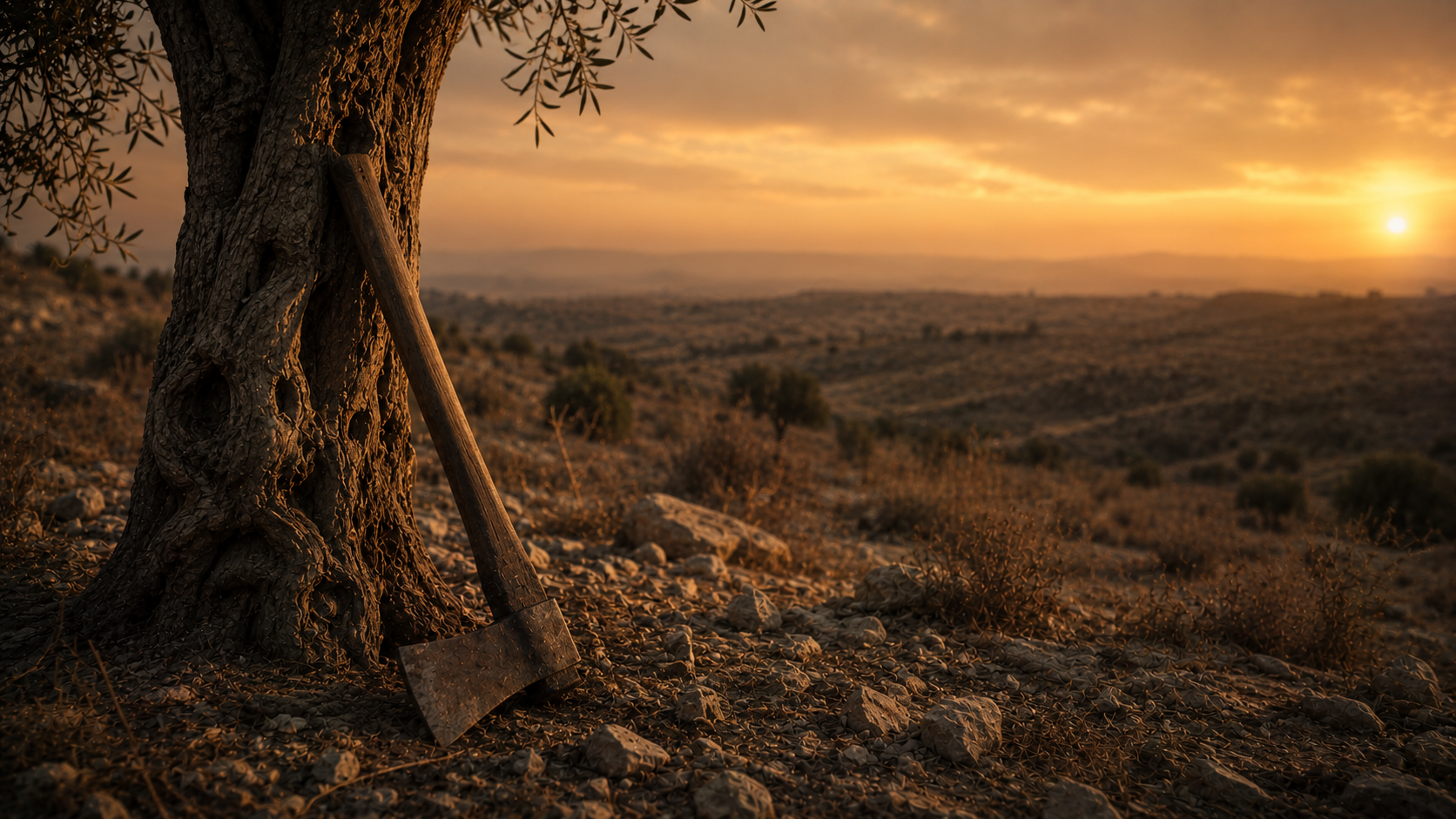 A worn iron ax leaning against the base of a barren olive tree at dusk in the Judean wilderness, evoking John the Baptist's harvest-judgment imagery in Matthew 3