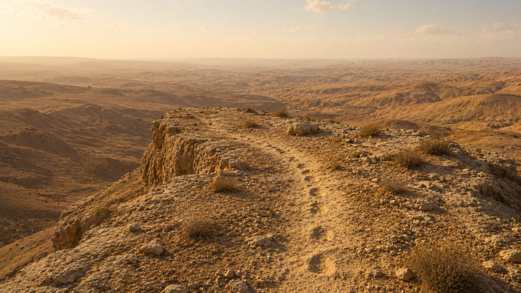 A high stony ridge in the Judean wilderness at midday with footprints leading toward the cliff's edge, evoking the wilderness temptation in Matthew 4
