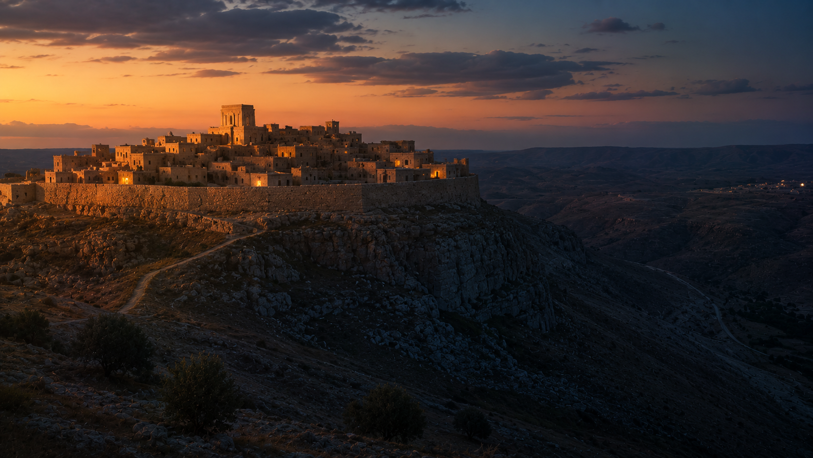 A small ancient hilltop city at dusk with low stone walls and lamp-glows in the windows, evoking Jesus's "city on a hill" image in Matthew 5