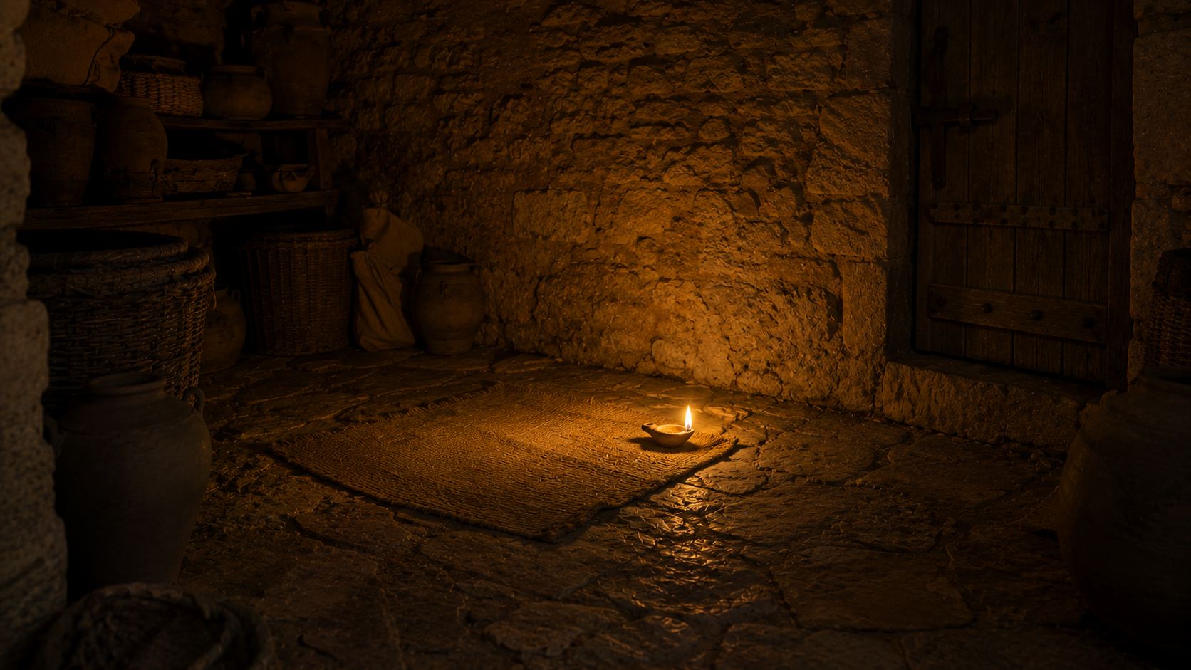 A small windowless stone storeroom at evening with a closed wooden door, a low woven mat, and a single clay oil lamp on the floor, evoking the secret-prayer teaching of Matthew 6