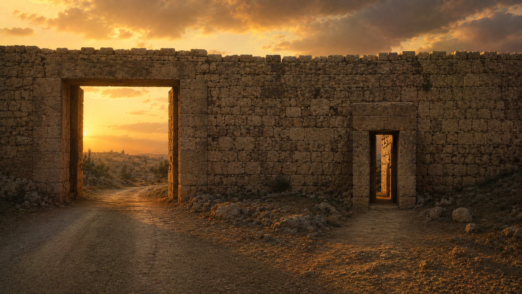 An ancient stone wall at golden hour with a narrow gate on the right and a wide gate on the left, evoking the two-ways teaching of Matthew 7
