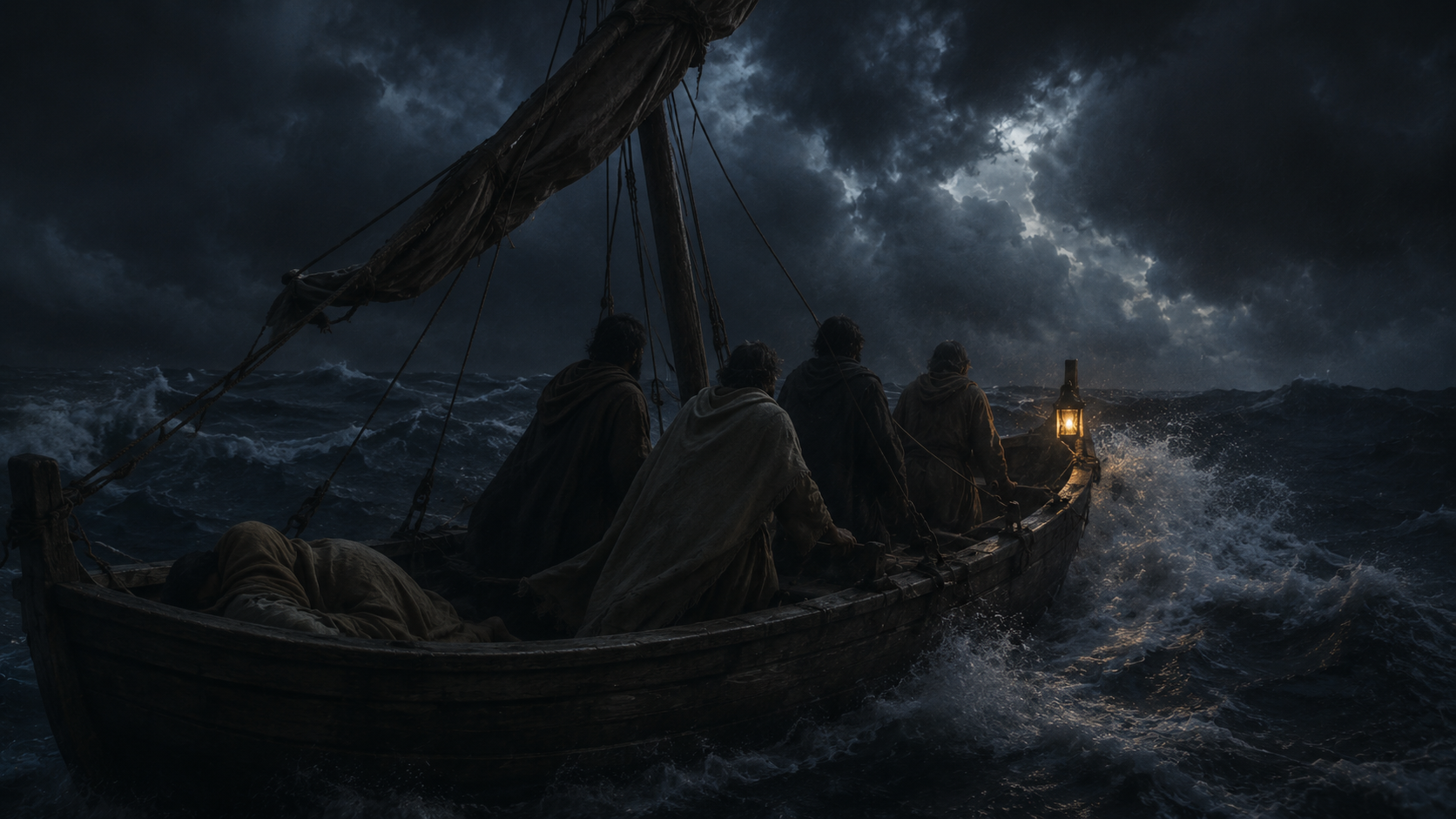 A small fishing boat on a rough night sea under storm clouds with one figure asleep in the stern, evoking the storm scene in Matthew 8