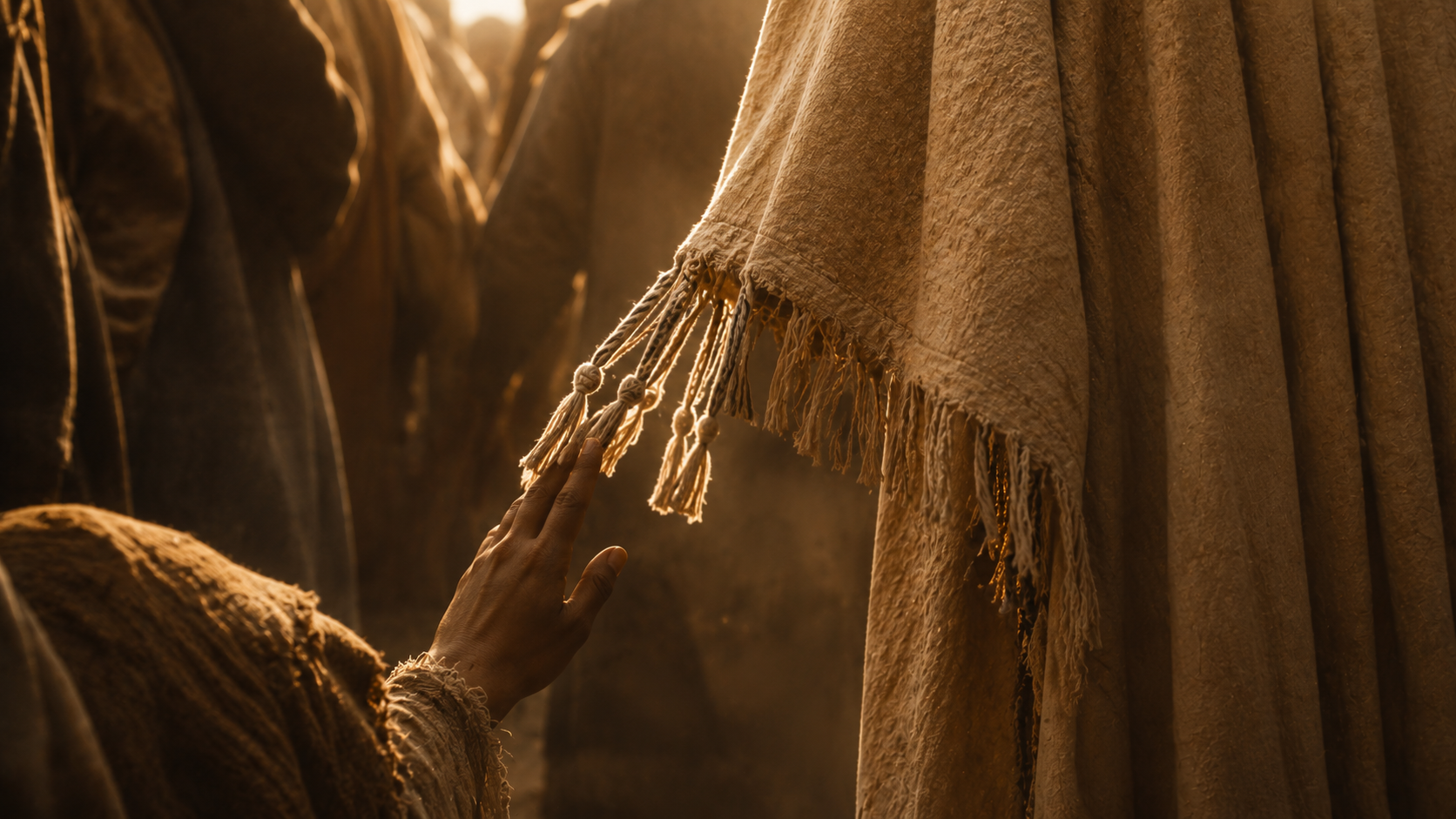 A close-up of a robed figure's garment hem with woven tzitzit tassels and a hand from below reaching toward the fringe, evoking the bleeding woman in Matthew 9