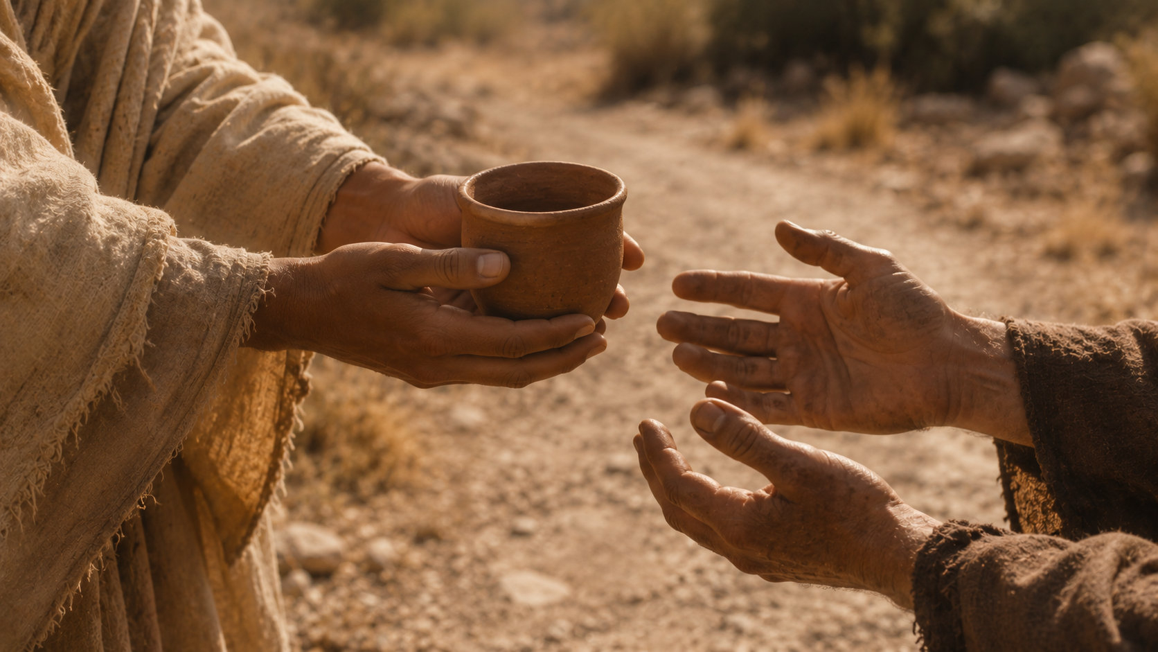 A clay cup held out in two hands toward another pair of hands reaching to receive it on a roadside at midday, evoking the cup of cold water in Matthew 10