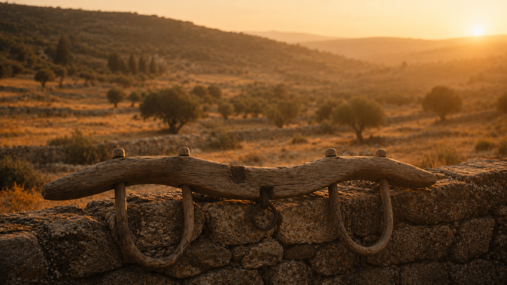 A weathered wooden ox-yoke laid on a stone wall at golden hour with a Galilean field beyond, evoking the easy yoke in Matthew 11