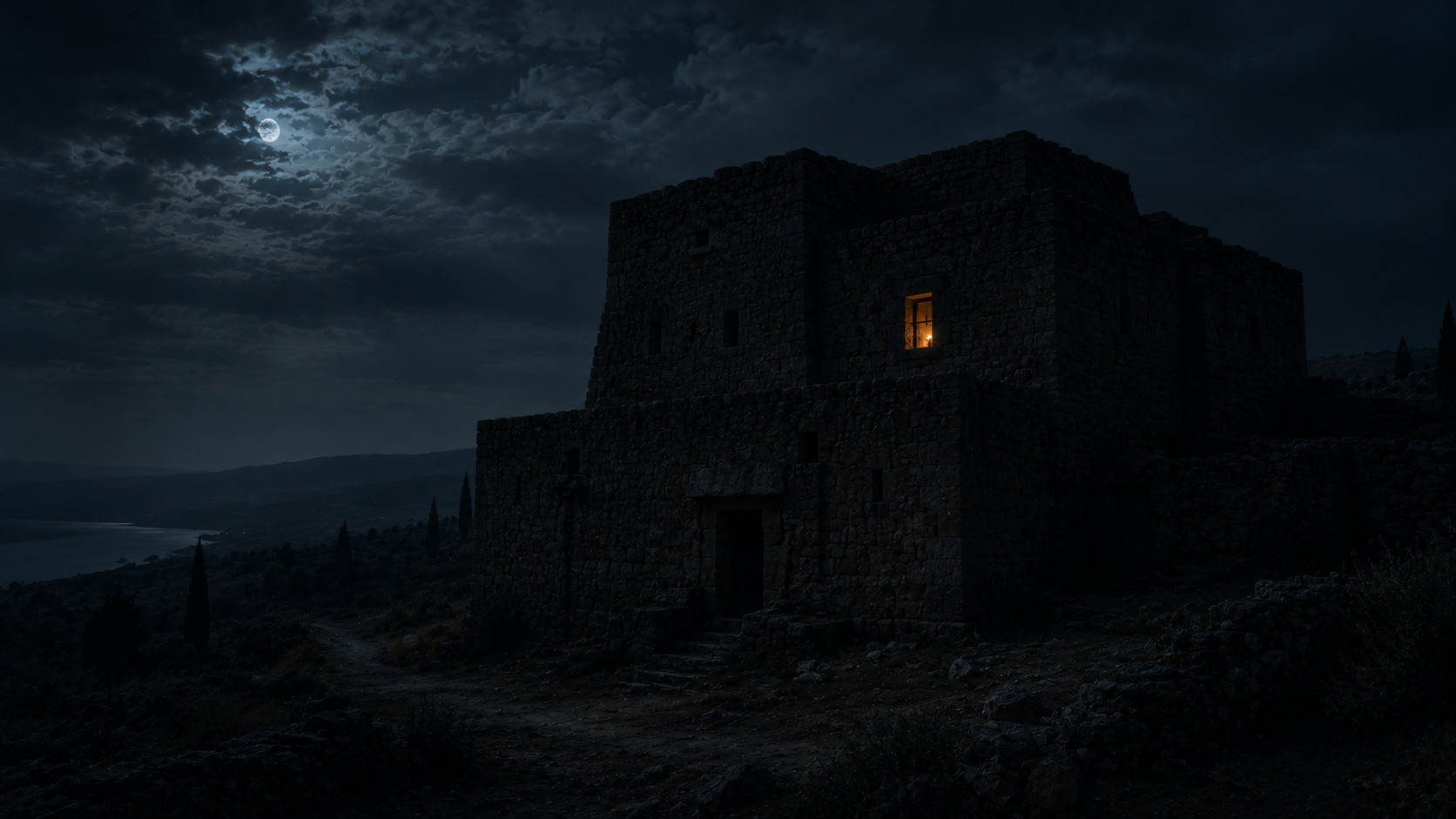 A large dark stone house at night with a single torch-light burning inside through one window, evoking the binding of the strong man in Matthew 12
