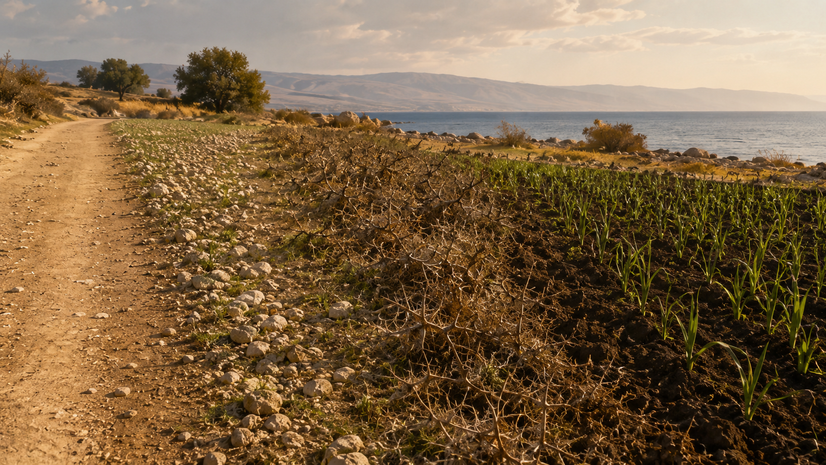 A roadside field showing four distinct soil-zones from packed road to fertile soil, evoking the parable of the sower's four soils in Matthew 13