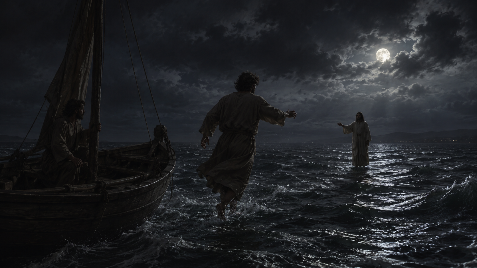 A figure stepping out of a fishing boat onto a rough night sea toward another figure standing on the water with an outstretched arm, evoking Peter walking on the water in Matthew 14