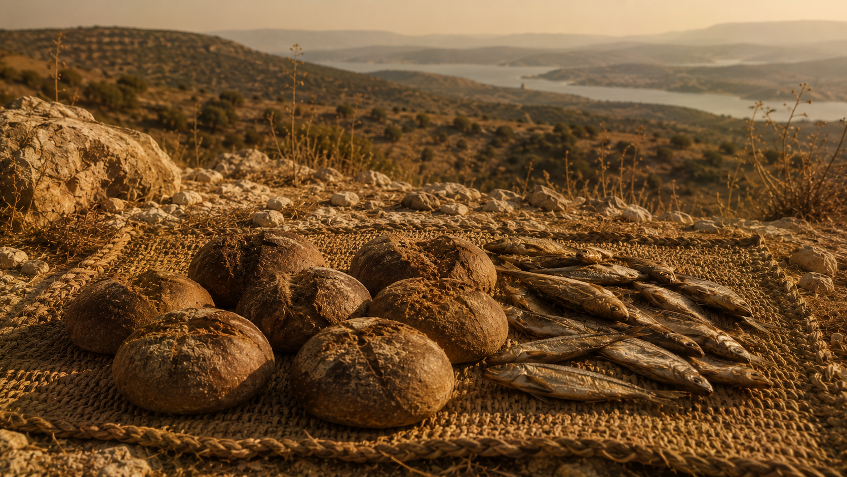 Seven small loaves of dark bread and a handful of small dried fish on a woven mat on a sun-baked hillside, evoking the feeding of the four thousand in Matthew 15