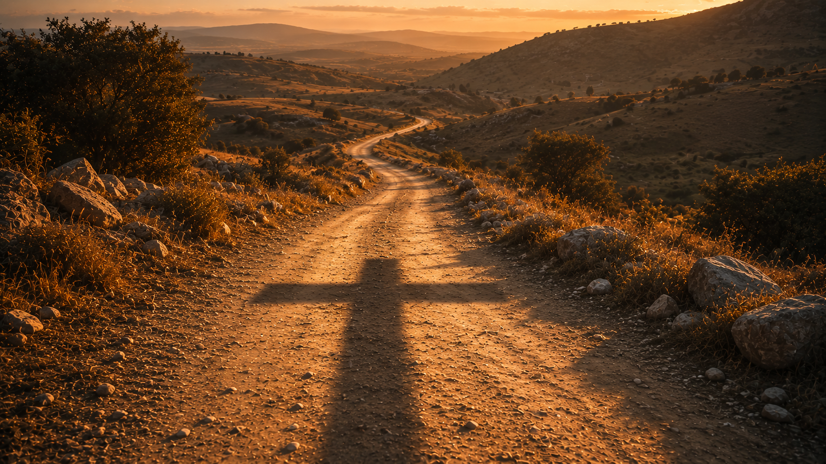 A dusty Galilean road with a long cross-shaped shadow cast across it at golden hour, evoking the cross-bearing teaching in Matthew 16
