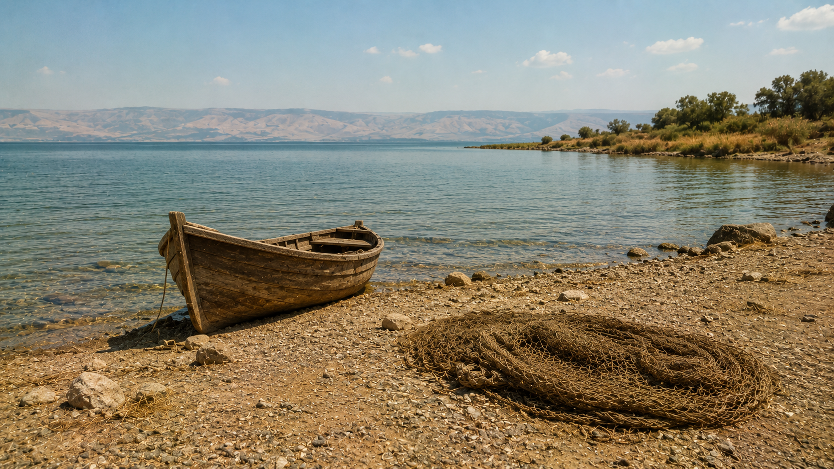 The shore of the Sea of Galilee near Capernaum at midday with a small fishing boat and a coiled net on the gravel beach, evoking the temple-tax-in-the-fish scene in Matthew 17