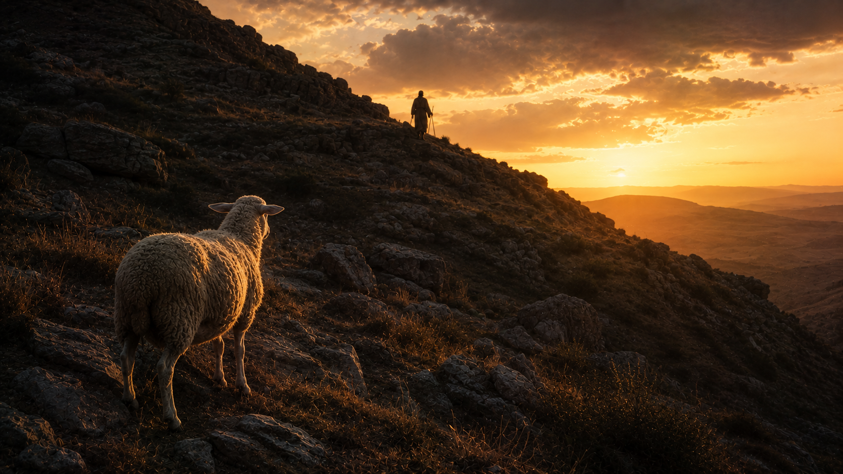 A single sheep on a rocky hillside at dusk with a distant shepherd silhouette descending toward it, evoking the lost-sheep parable in Matthew 18