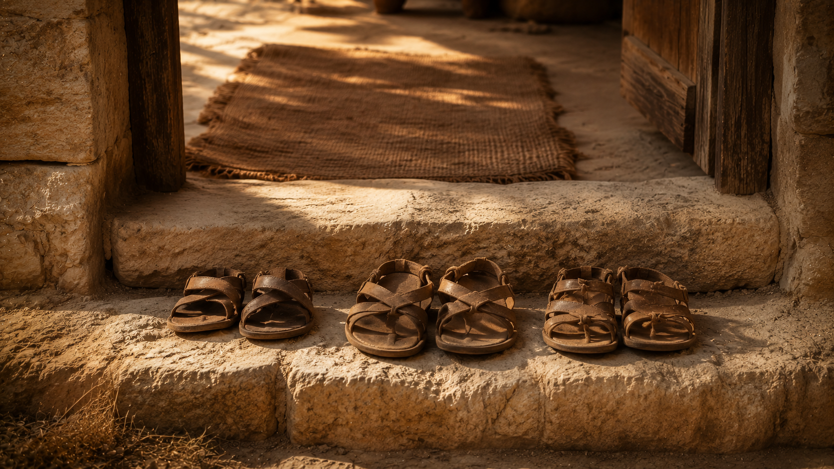 Three pairs of small child-sized leather sandals on a low stone threshold at midday, evoking the children brought to Jesus in Matthew 19