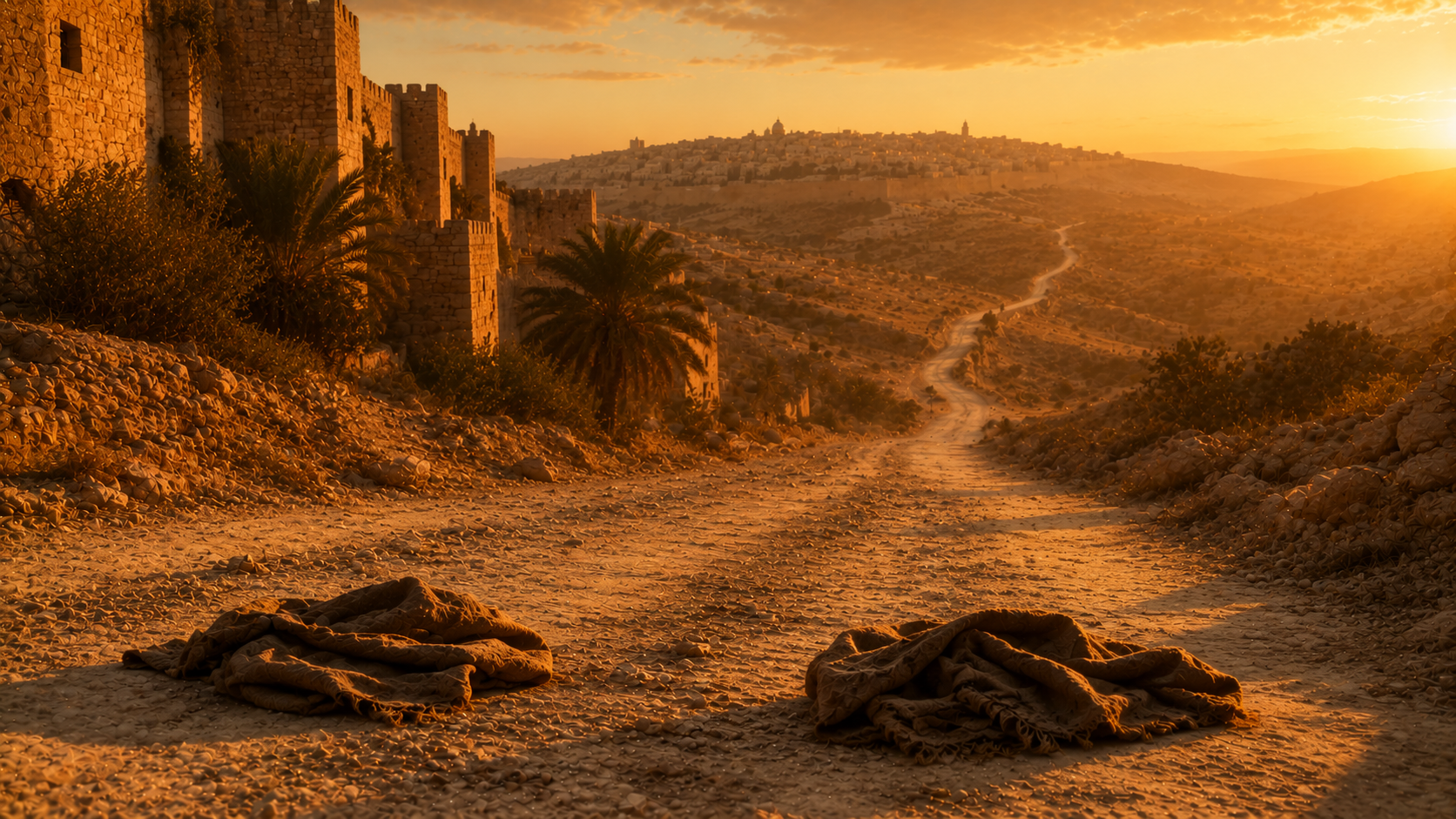 An ancient stone road outside Jericho at golden hour with two worn cloaks at the edge of the road and the Judean hills in the distance, evoking the two blind men of Jericho in Matthew 20