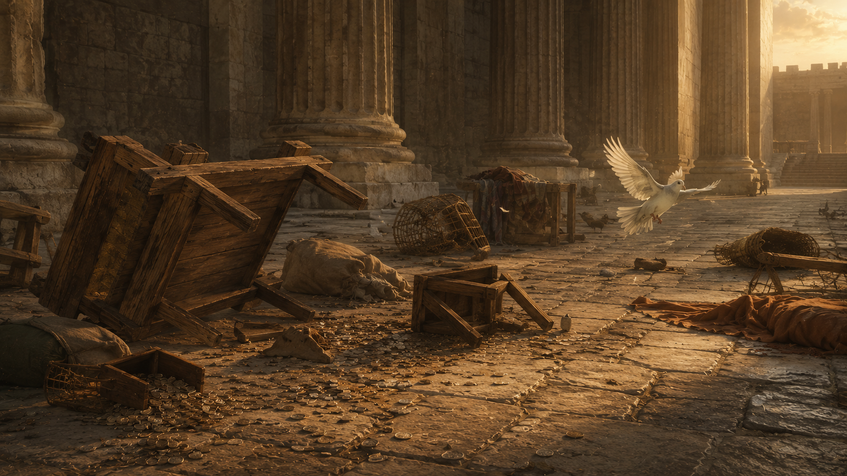 Overturned wooden tables and scattered coins in a stone-paved temple court with massive columns, evoking the cleansing of the temple in Matthew 21