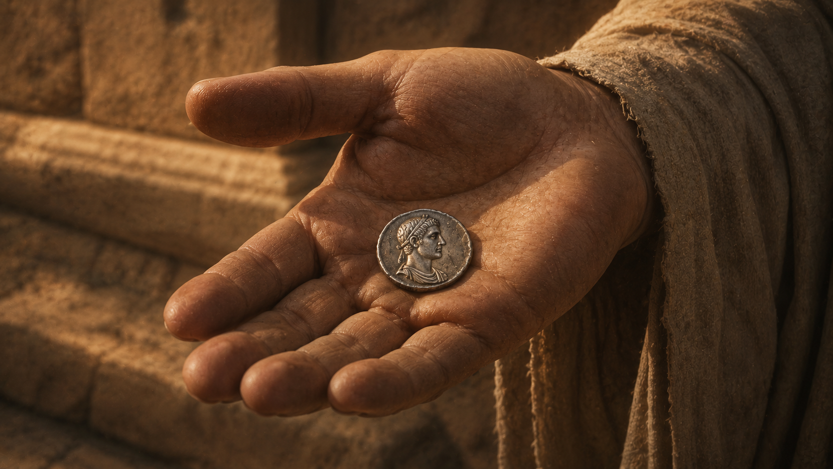 A single Roman silver denarius resting on rough stone at golden hour with the imperial portrait softened, evoking Jesus's "render to Caesar" reply in Matthew 22