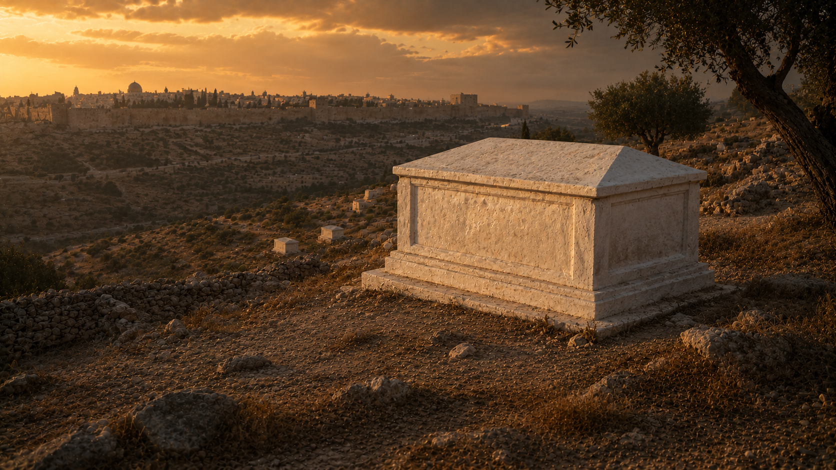 A freshly whitewashed stone tomb on a quiet hillside at late afternoon, evoking Jesus's seventh woe in Matthew 23 against the scribes and Pharisees as whitewashed tombs