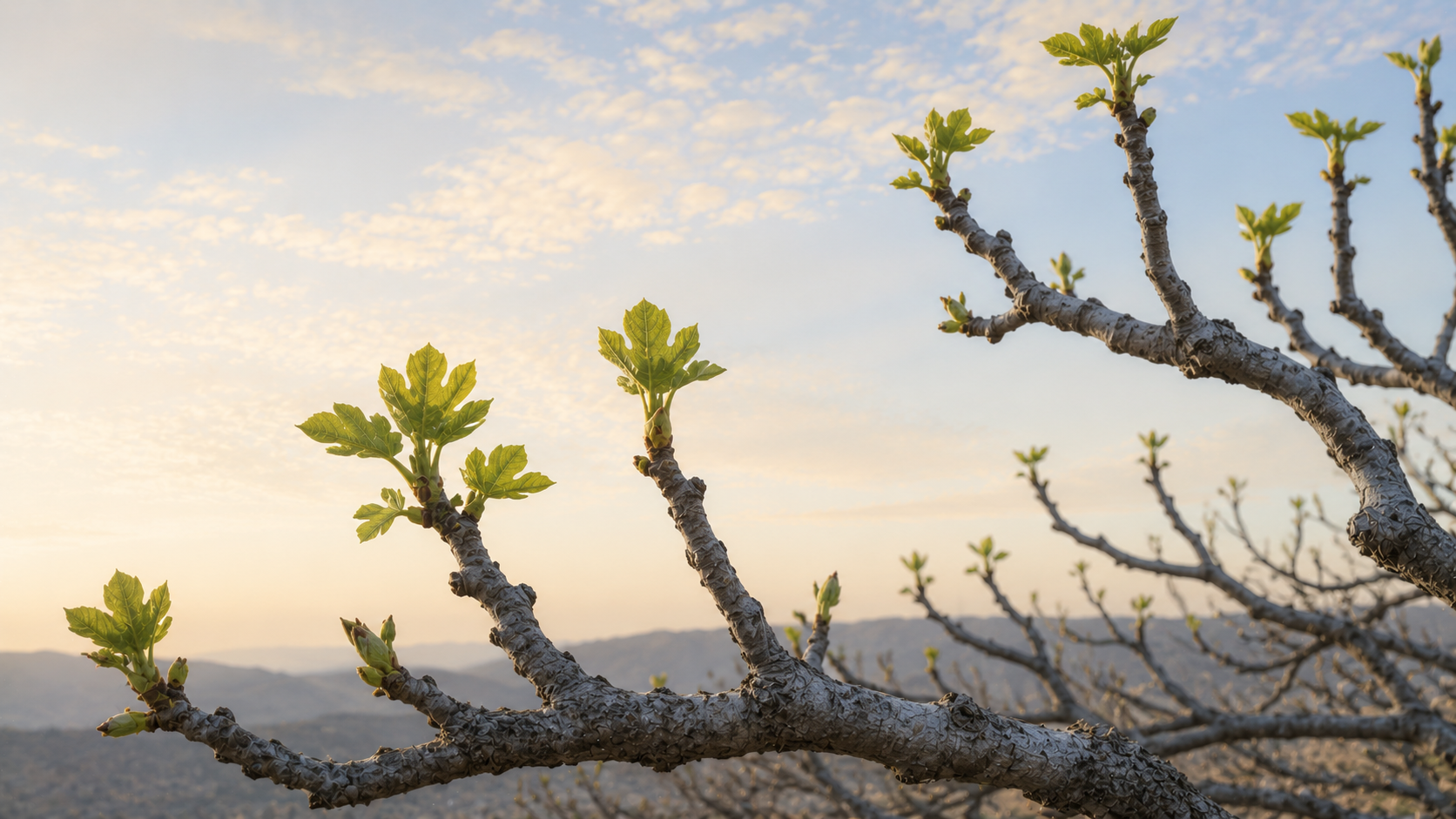 The bare branches of a fig tree with new leaves emerging at the branch-tips against a pale spring sky, evoking the lesson of the fig tree in Matthew 24