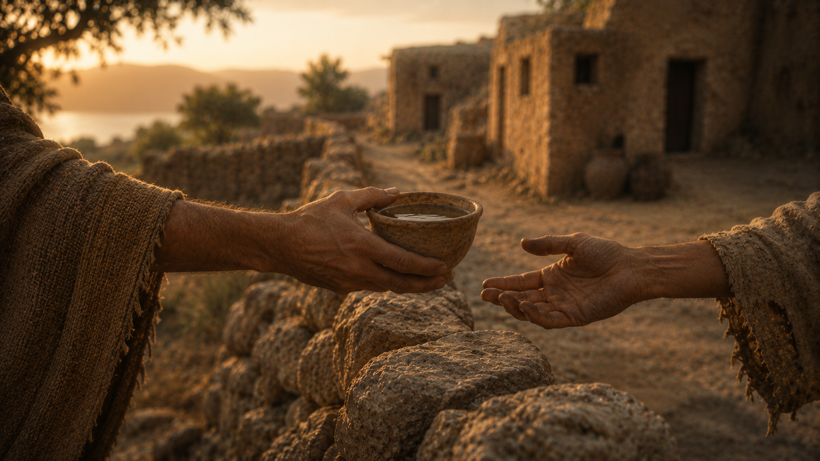 A simple clay cup of water on a worn stone threshold at golden hour with an open doorway behind it, evoking the sheep and the goats in Matthew 25