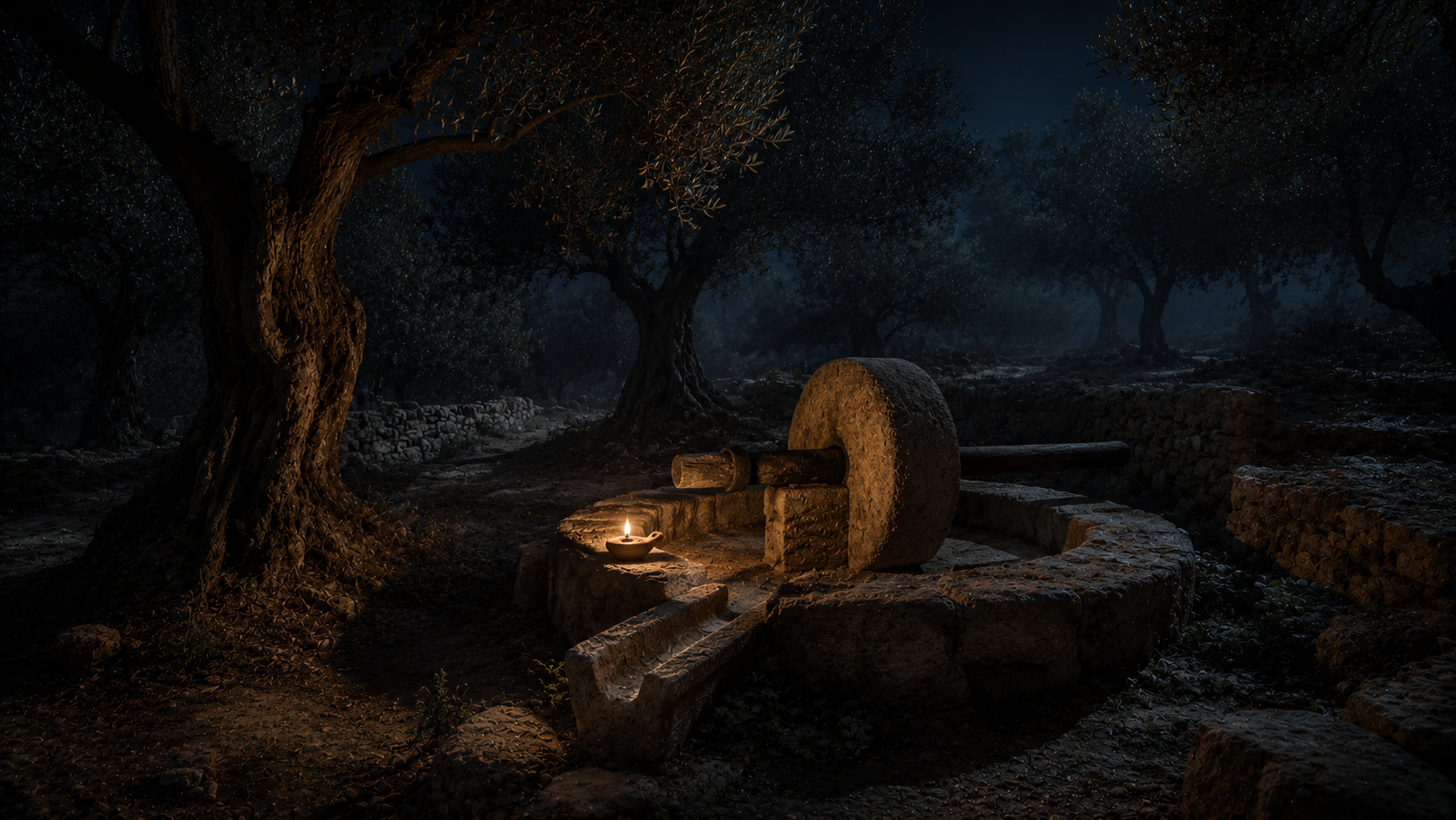 An ancient stone olive press in a grove of olive trees at night lit by a single oil lamp, evoking Gethsemane in Matthew 26