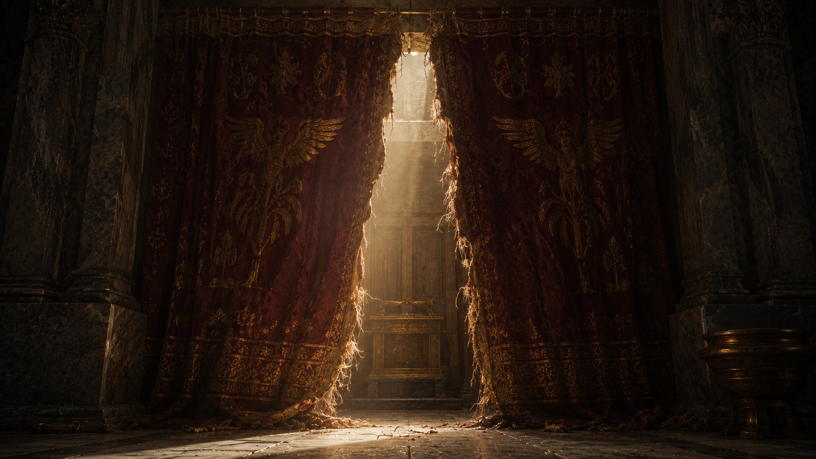 A heavy embroidered curtain torn from top to bottom in the dim interior of a stone temple chamber with golden light glowing through the tear, evoking the torn temple veil at the moment of Jesus's death in Matthew 27