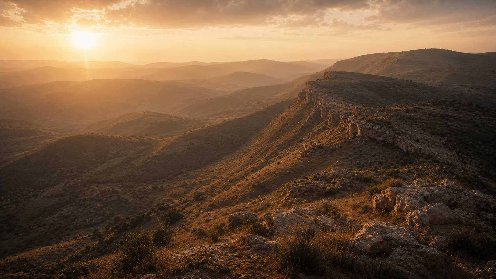 A low Galilean mountain at golden hour with the shore of the Sea of Galilee visible below, evoking the mountain of the Great Commission in Matthew 28