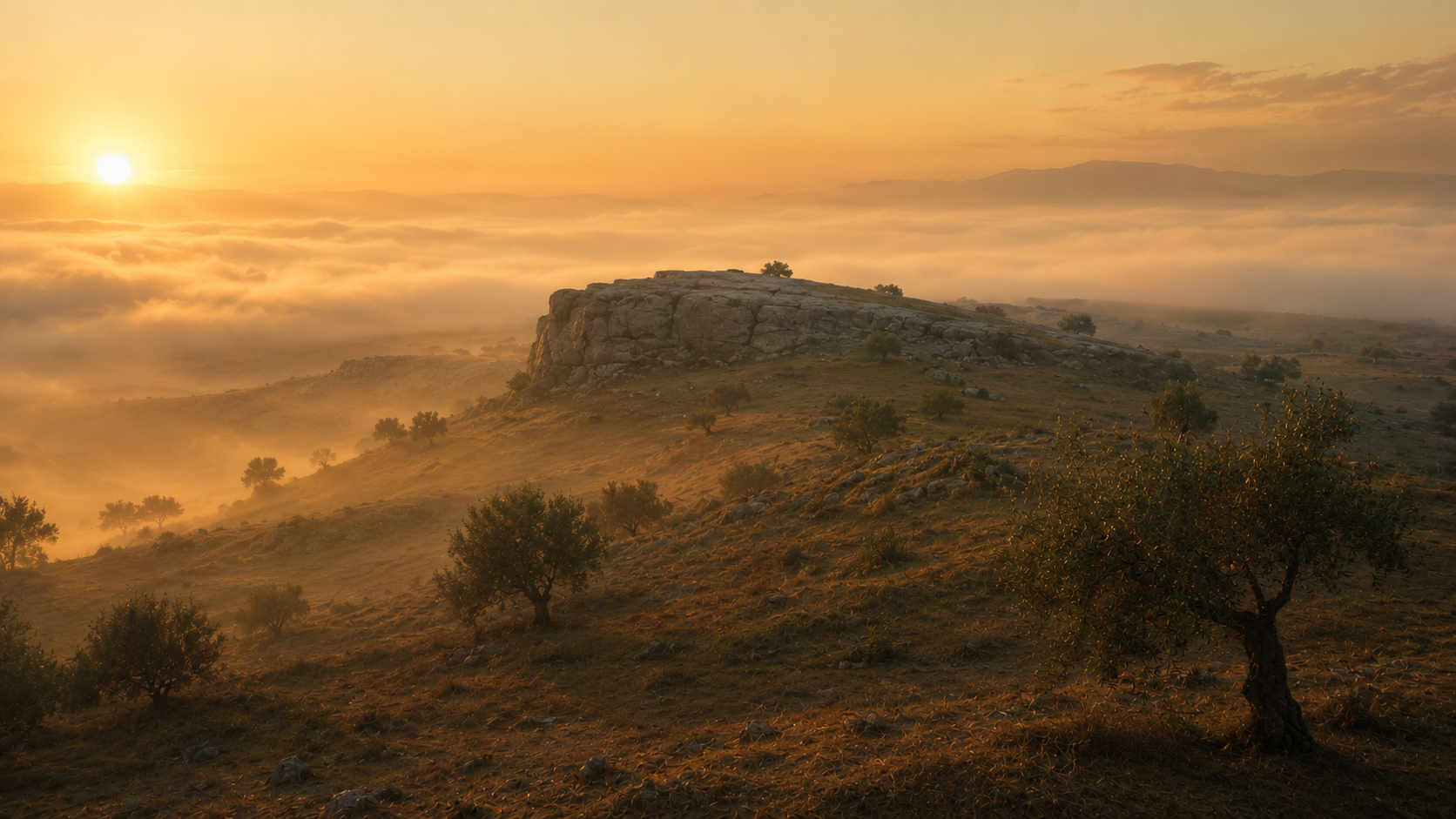 A low Galilean mountainside at dawn rising above mist with a single stone outcropping in the middle distance, evoking the new Sinai of Matthew's five-discourse architecture