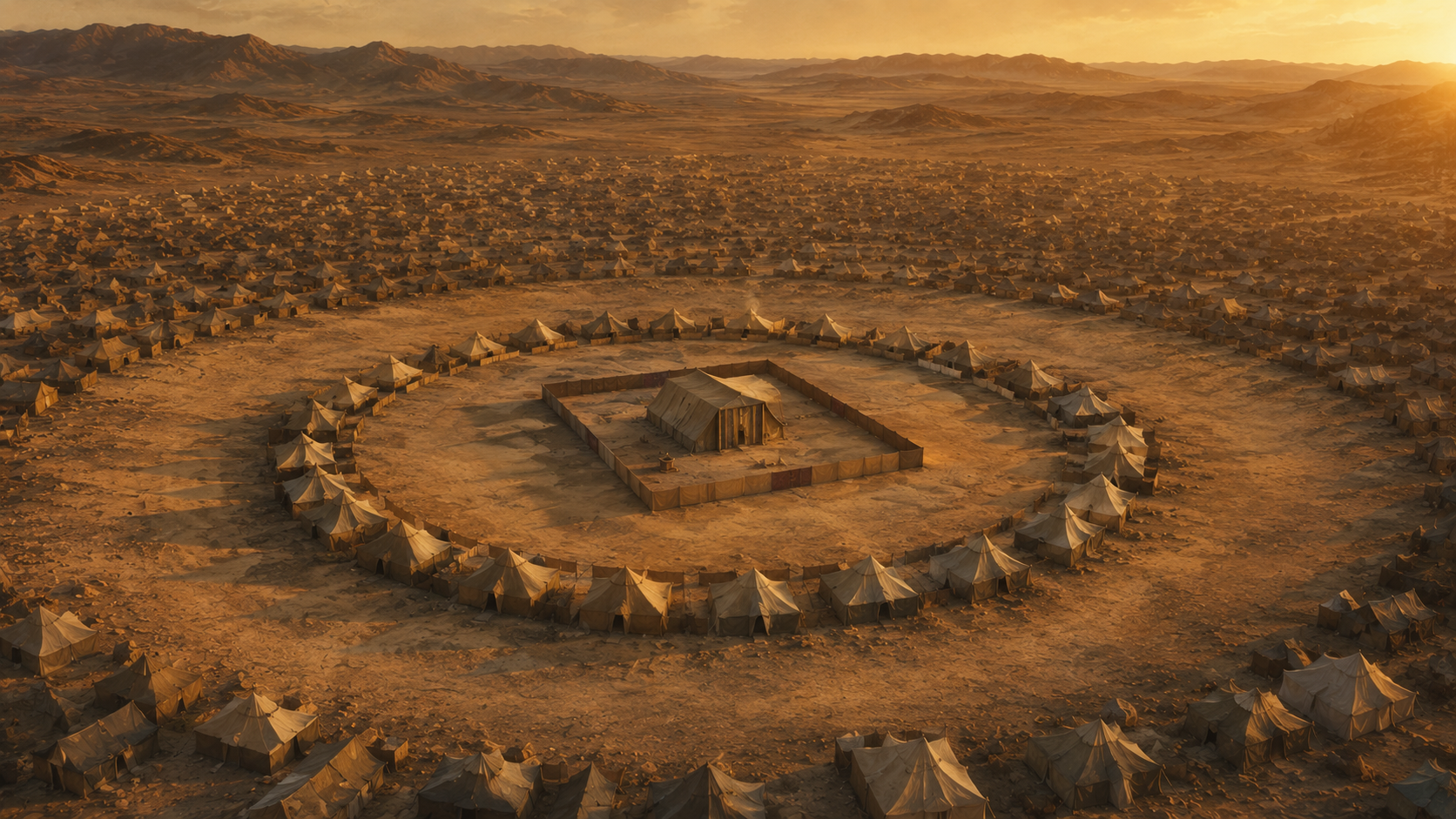 A central tent ringed by an inner circle of tents set apart from the wider camp, evoking the Levite buffer of Numbers 1:53
