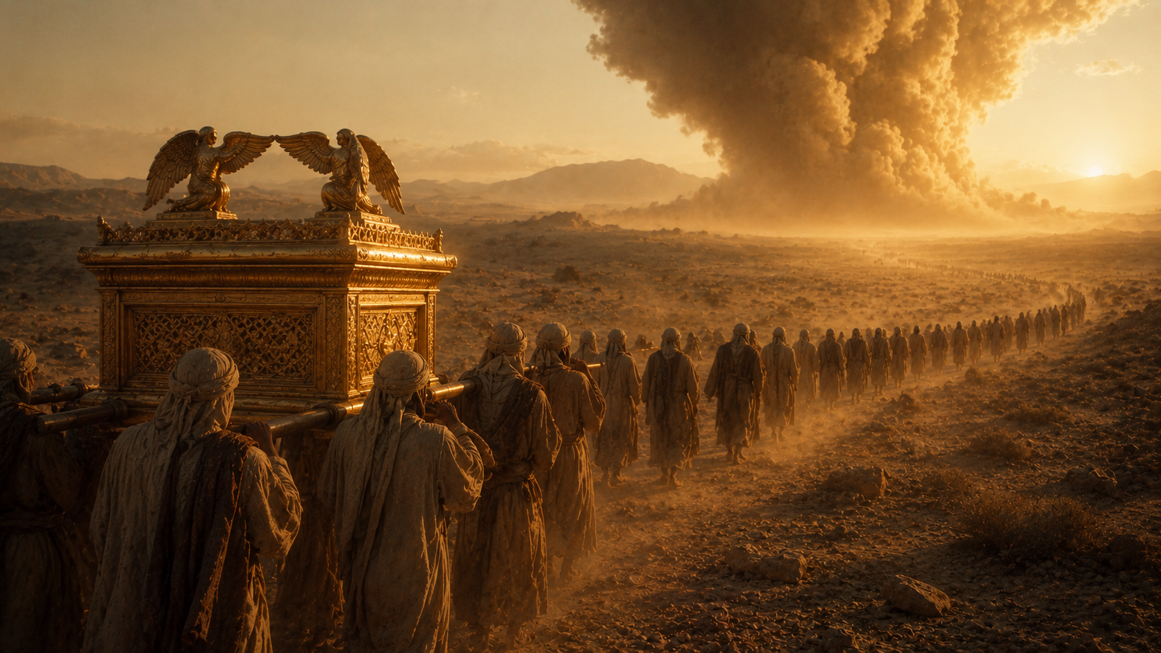 A covered ark leading a column into the wilderness with the cloud ahead, evoking the ark going before Israel in Numbers 10:33