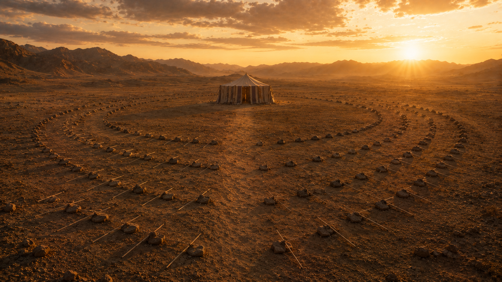 A ring of seventy staffs around a central tent, evoking the seventy elders who shared Moses's burden in Numbers 11
