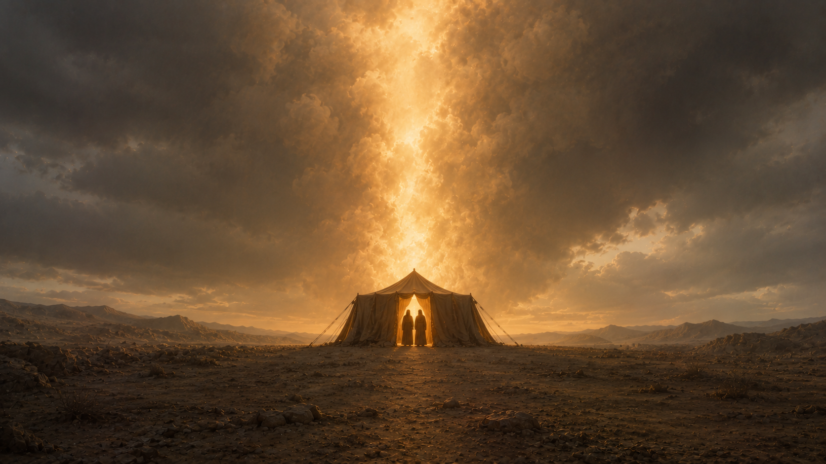 Silhouetted figures at a tent entrance under a pillar of cloud, evoking God speaking with Moses mouth to mouth in Numbers 12