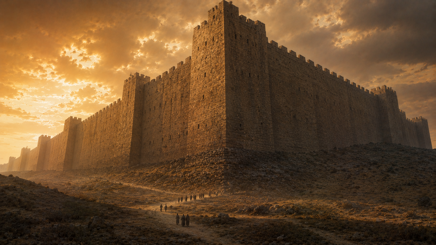 A towering fortified wall dwarfing tiny figures below, evoking the spies' grasshopper self-image in Numbers 13