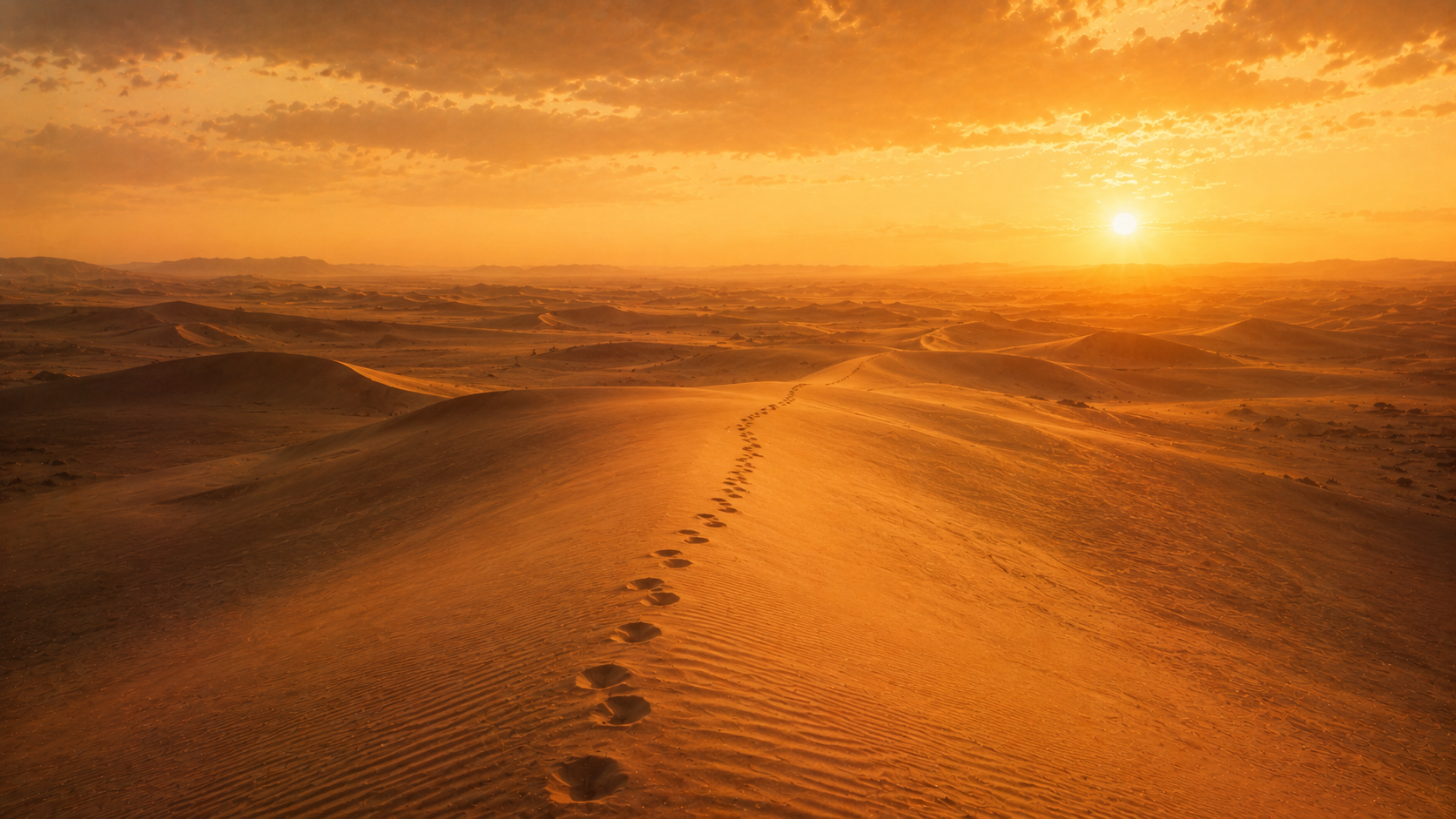 Footprints trailing across endless dunes toward a far horizon, evoking the forty-year wandering of Numbers 14