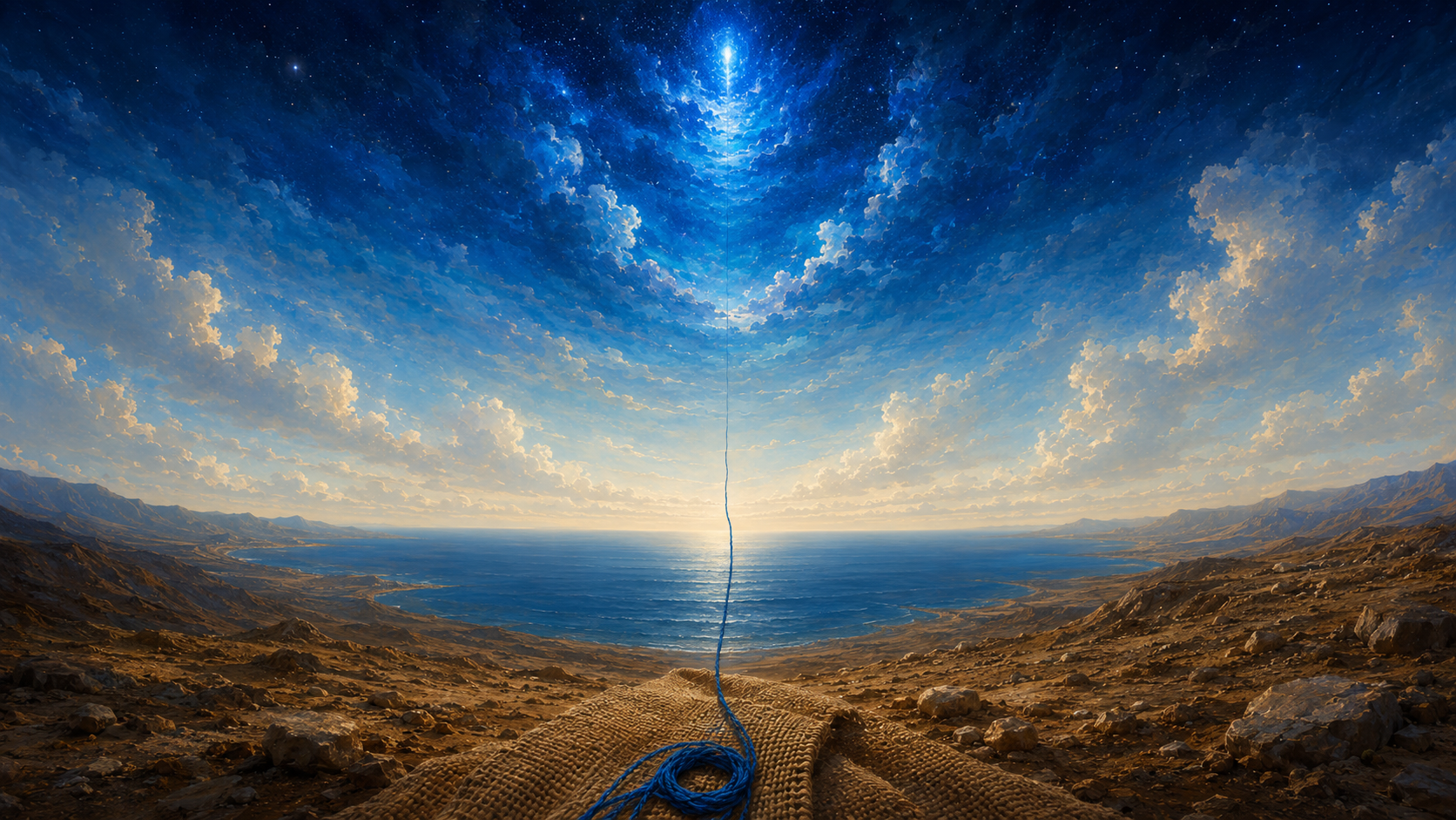 An ascending gradient of blue from thread to sea to sky, evoking the rabbinic chain of blue from tassel to God's throne